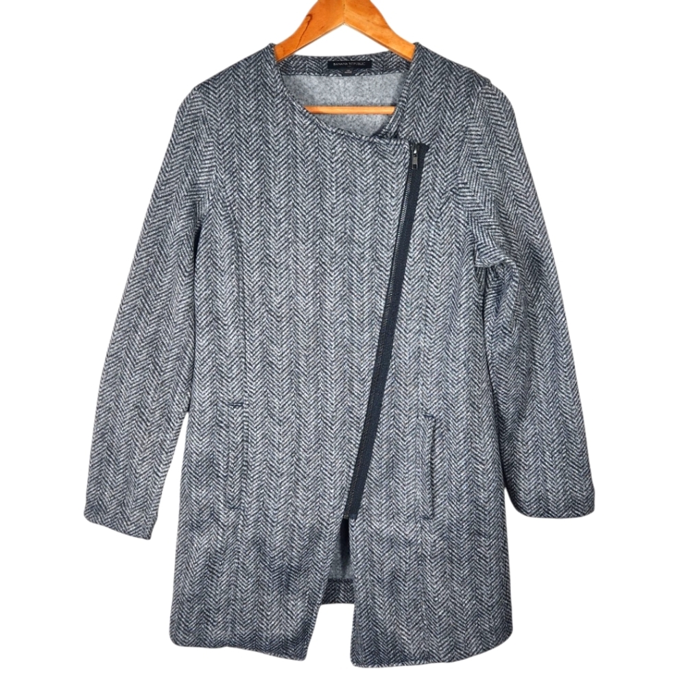 Banana Republic | Asymmetrical Zip Fleece Jacket | Black/Grey Herringbone M